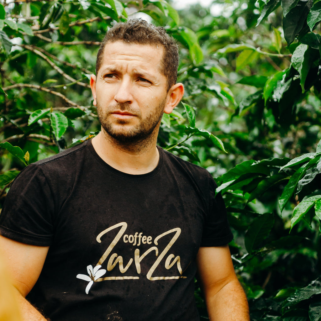 Man holding a red bucket amidst coffee plants wearing a black t-shirt with 'coffee Zara' branding.