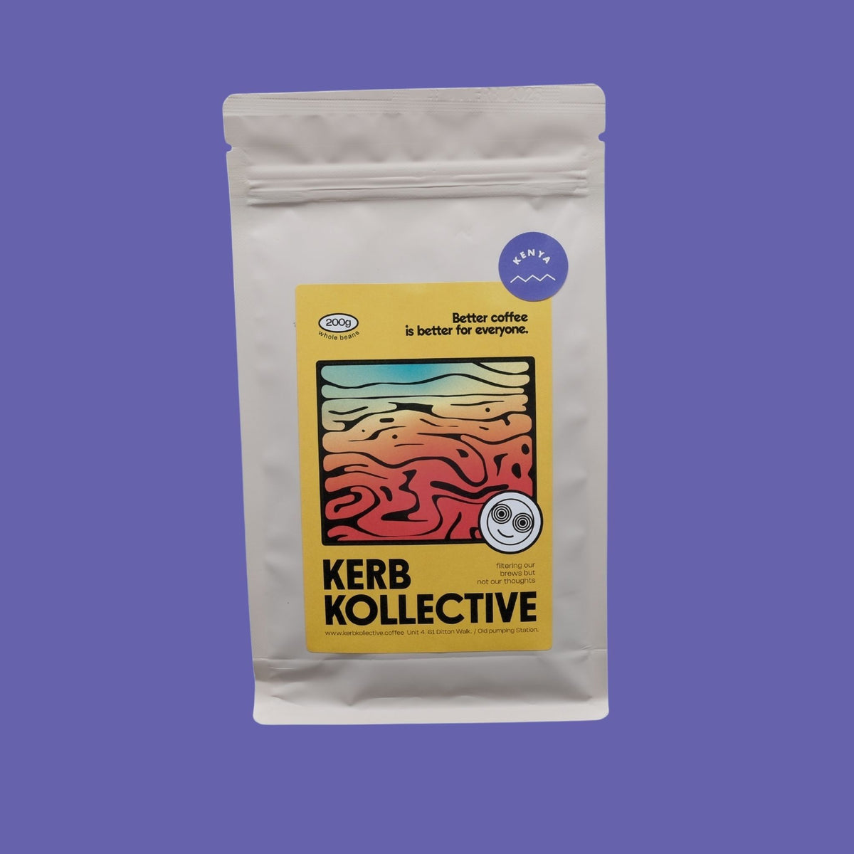 a 200g bag of Speciality Kenyan coffee from Kieni, Kenya. Roasted by Kerb kollective in Cambridge